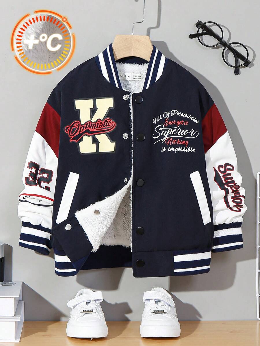 SHEIN Young Boy Letter Graphic Colorblock Teddy Lined Varsity Jacket - Multicolor - View 1