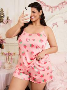Strawberry Print Plus Size Camisole Sleepwear Set - Multicolor - View 1