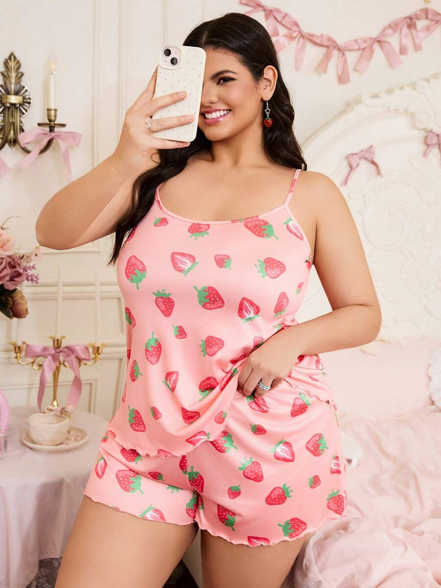 Strawberry Print Plus Size Camisole Sleepwear Set - Multicolor - View 1