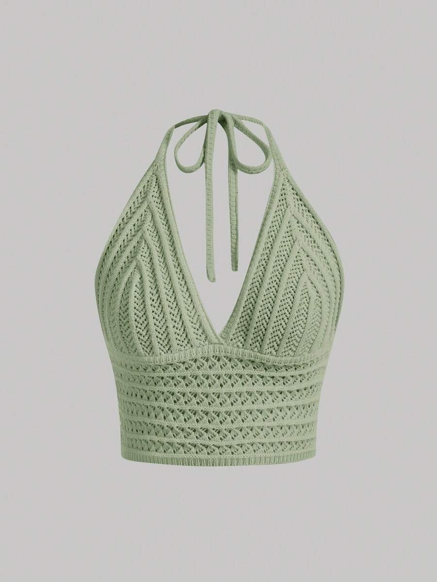 SHEIN MOD Neck Tie Waist Soft Beach Music Festival Women Knit Top,Halter Tops - Olive Green - View 1