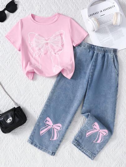 2 件套女童 Y2K 网眼 3D 蝴蝶结装饰短袖 T 恤上衣和蝴蝶印花阔腿牛仔裤，夏季新品