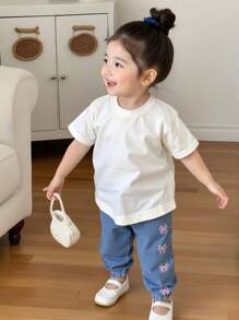 New Baby Girl Fashionable Embroidered Bow Flared Denim Jeans, Versatile Casual & Cute Style, Suitable For All Seasons - Medium Wash - View 7