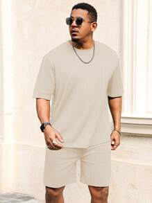 Manfinity Homme Plus Size Men Summer Casual Solid Color T-Shirt & Shorts Set - Beige - View 3