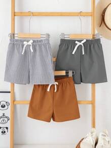 SHEIN 3pcs/Set Young Boy Buy Two Get One Free Three-Pack Casual Sports College Retro Striped And Solid Color Cost-Effective Multi-Pack Shorts Suitable For Clothes Back To School Boys Set Suitable For Birthday Parties, Evening Parties, Performances, Weddings, Baptisms, Opening Ceremonies Daily Suitable For Daily Use Suitable For School Suitable For Travel Suitable For Sports Suitable For Spring And Summer Seasons - Multicolor - View 4