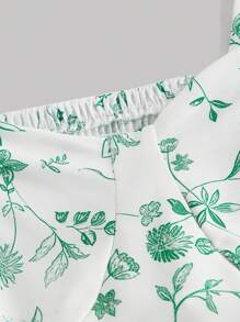 SHEIN MOD Plus Size Bowknot Shoulder Ruched Layered Ruffle Hem Green & White Floral Print Dress - Green - View 3