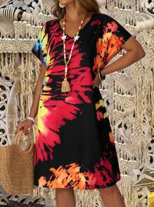EMERY ROSE Vestito casual con stampa Tintura a nodi a maniche corte, adatto a taglie comode, ideale per vacanze estive