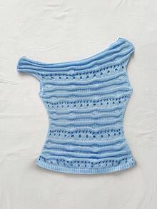 Soleia Women's Ivory Shoulder Cut-Out Fitted Knitted Top, Suitable For Party, Fashion Casual, Dating, Valentine's Day, Afternoon Tea Blue Knit Top Summer Knit Top Women Summer Top Light Blue Summer Top Cute Summer Top