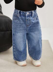 SHEIN Baby/Baby GirlVintage Blue Denim Loose Straight Leg Pants - Medium Wash - View 7