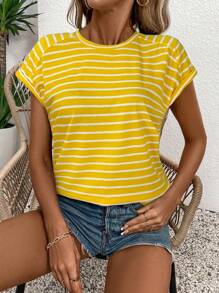 SHEIN LUNE 女士条纹圆领短袖休闲宽松T恤 - 黃色 - 查看 3