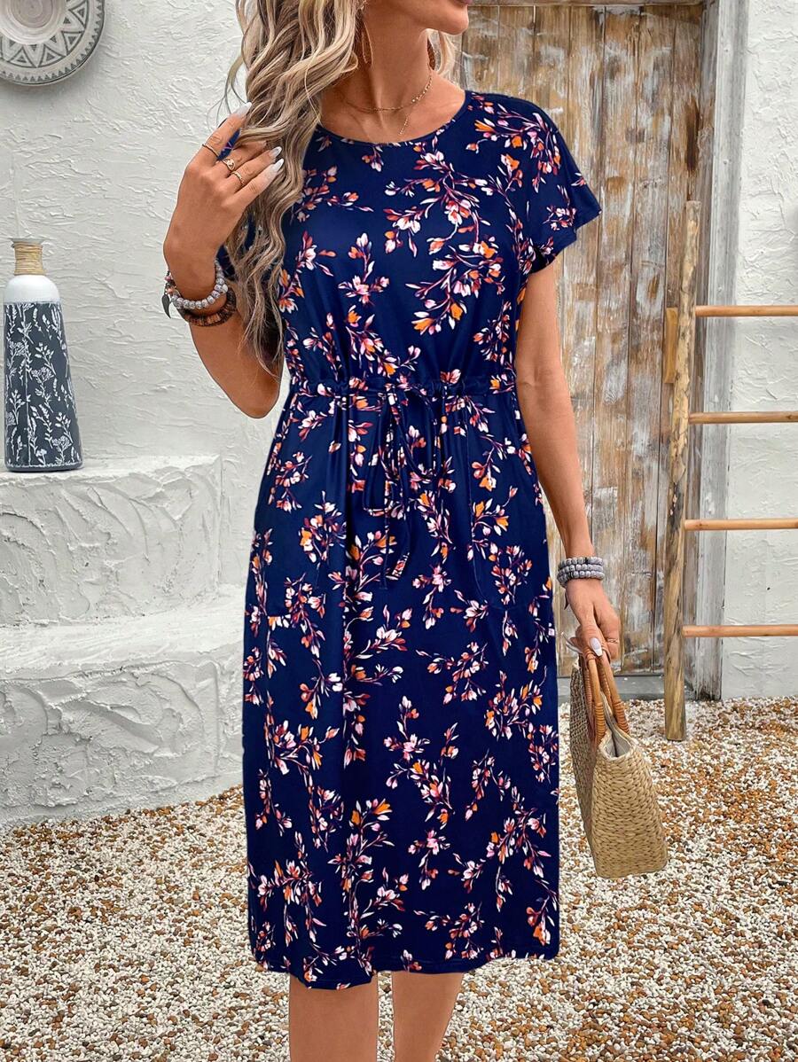 EMERY ROSE Women's Striped Drawstring Waist Slant Pocket Casual Dress For Summer - Blue - View 1