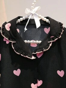 SHEIN Young Girls Summer Heart Print Ruffle-Collar Ruched Short Sleeve Nightgown Set - Black - View 4