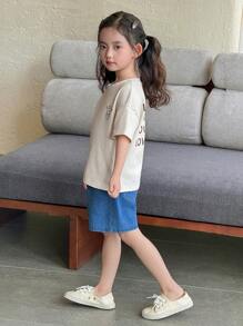 2 pièces/set T-shirt ample et imprimé de lettres avec shorts en jean de style coréen. Tenue d'été mode et décontractée pour les filles - Nude - Voir 5