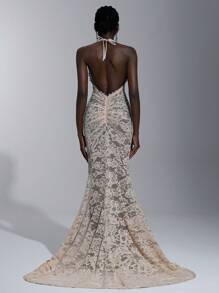 Elitara 优雅杏色纯色蕾丝吊带性感透明美人鱼露背长礼服，适合约会、海滩度假、毕业典礼、婚礼、正式场合、派对礼服、晚会、婚礼宾客 - 杏色 - 查看 6