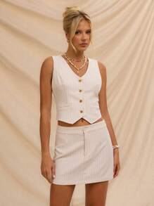 SHEIN Forever 21 女士低腰条纹裙，通勤风格，夏季 - 米色 - 查看 3