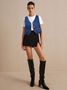 Poéselle Sexy Sleeveless Denim Vest - Blue - Dark Wash - View 4