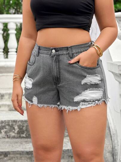 SHEIN Essnce 大码女式口袋破洞磨损下摆休闲牛仔短裤