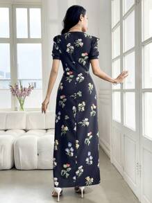 Modelyn 1pc Women's Elegant Front Ruffle Splice Floral Print Split Hem Dress - Black - View 2