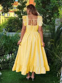 Flirla Plus Size Women Striped Print Ruffle Hem Maxi Dress - Yellow - View 3