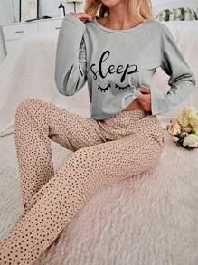 EURMUSE 100% Cotton 2Pcs Eye&Heart Printed PJ Set - Light Grey - View 5