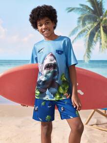 Shark Week X SHEIN Tween Boy Casual Shark Print Round Neck Short Sleeve T-Shirt And Shorts Set, Summer - Multicolor - View 1