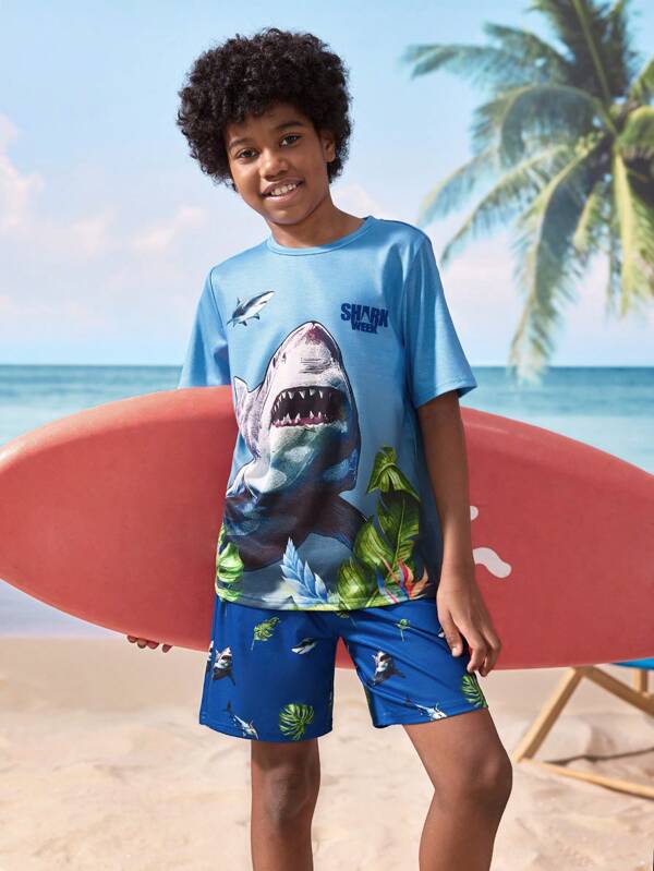 Shark Week X SHEIN Ensemble t-shirt à manches courtes col rond imprimé requin et short décontracté pour préadolescent, été