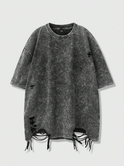 TOKVUE Manfinity Streetrush Men's Asymmetric Cut Hole Tassel Washed Snowflake T-Shirt, Spring And Summer Men's Clothing, Boyfriend Gift Oversized T Shirts For Men, 2000s Style