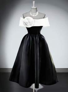 Franclia Abito da donna elegante con contrasto di nero e bianco, decorato con fiori, camisole a-line, adatto per compleanni, lauree, concerti, discoteche, nuova collezione primavera/estate