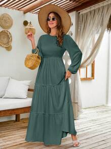 EURMUSE LANTERN LONG SLEEVE LAYERED LONG DRESS - Mint Green - View 7