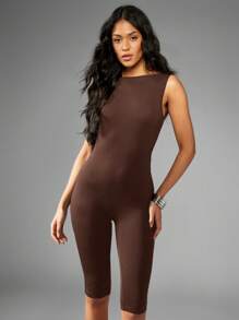 MISSGUIDED Sleeveless Unitard Bodysuit Athletic Jumpsuit Workout Dance Yoga Performance Sport Fitted Active Wear Open Back Fitted Catsuit - Mocha Brown - View 3