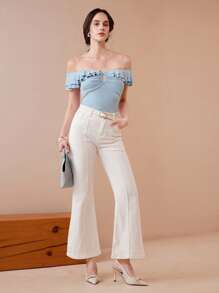 Chiquease Wedding Season Off Shoulder Blue Ruffle Twist Form-Fitting Sexy Top - Blue - View 4