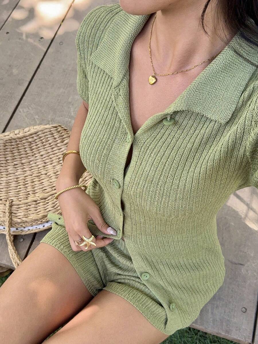 SHEIN EZwear Set de 2 bucăți de tricot cu mâneci scurte și pantaloni scurți, ocazional, pentru femei