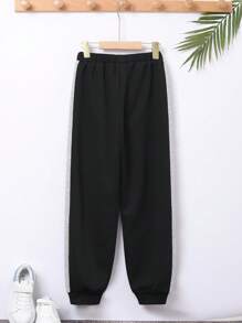 SHEIN 男大童字母貼布加絨內裏衛褲 - 黑色 - 查看 2