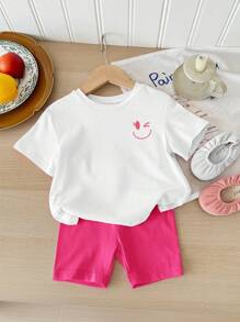 SHEIN Leap Crew Baby Girl Casual Minimalist Short Sleeve Shorts Set For Summer - Multicolor - View 2