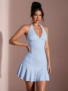 SHEIN BAE 女式杏色露背深 V 领褶饰荷叶边下摆修身迷你连衣裙，适合约会时穿着 - 淺藍色 - 查看 3