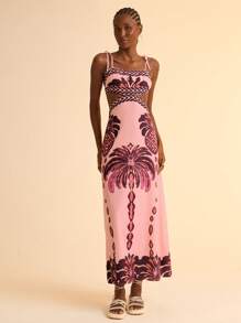 CAJUNI Women Boho Banana Tree And Pineapple Print, Hollow Waist Back Binding Sleeveless Pink Dress, Holiday Casual Summer Dress - Pink - View 3