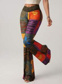 SHEIN ICON Women's Fashionable Retro Contrast Color Block Print Flare Pants - Multicolor - View 6