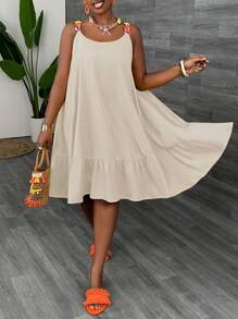 Slaydiva Slayr Casual Yellow Chain Strap Big A-Line Summer Dress - Apricot - View 5