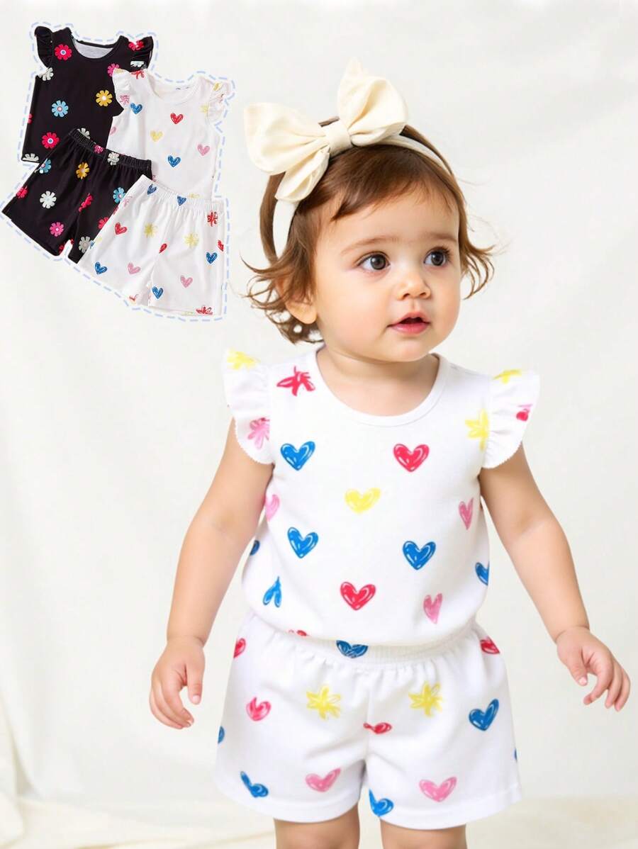 4pcs/Set Casual Baby Girl Heart & Floral Print Ruffle Trim Short Sleeve Top + Shorts Set, 2 Pieces Outfit, Summer Holiday Outdoor Wear - Multicolor - View 1