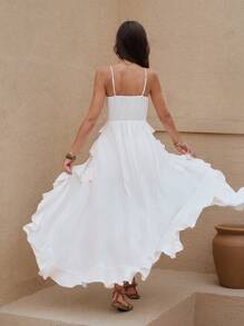 SHEIN LUNE Ruffle Dress Sundresses Ruffle Skirt Western Women's Vacation Plain Color Ruffled Hem Spaghetti Strap Dress - White - View 3