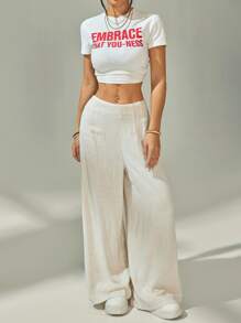 SHEIN PETITE Quần ống rộng vải lanh cạp cao thoải mái cho nữ, thích hợp mặc đi làm, đi làm, đi chơi, đi nghỉ, màu mơ - Màu be - Xem 7