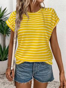 SHEIN LUNE 女士条纹圆领短袖休闲宽松T恤 - 黃色 - 查看 6