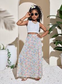 SHEIN Saia Midi Casual de Férias de Chiffon com Estampa Floral Miúda para Meninas Pré-adolescentes