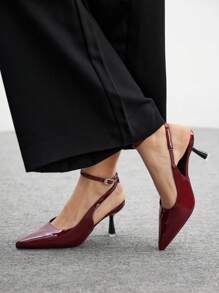 CUCCOO BIZCHIC Women's Fashion Patent Leather Pointed Toe Mule Shoes With Rhinestone Buckle Strap And Slim Mid Heel, Wine Red Color, Suitable For Commuting, Dating, Party, Wedding And Other Occasions - Burgundy - View 4