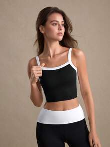 Eassivo Eassivo 1pc Contrast Trim Racerback Tank Top, Basic Style Black With White Trim, Seamless Design For Fitness - Multicolor - View 3