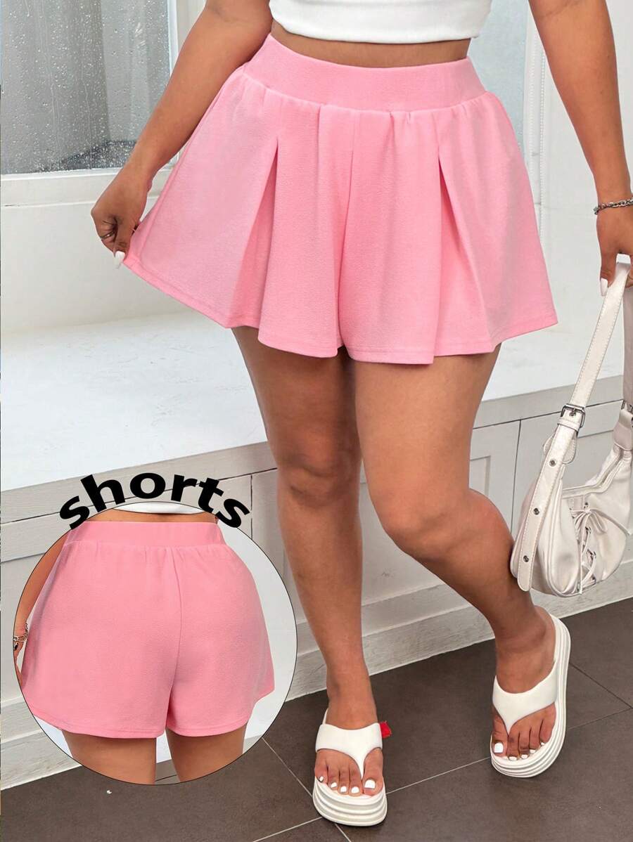 SHEIN EZwear 大码纯色休闲简约夏季新款运动迷你短裙,夏季/春季,春假 - 粉色 - 查看 1