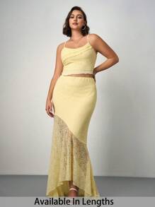 SHEIN Tall CURVE Plus Spring/Summer Vacation/Wedding Season Asymmetrical Lace Vest With Sheer Hem And Low Waist Fish Tail Ruffled Skirt 2 Pieces Set - Apricot - View 1