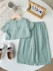 SHEIN LMoss Kids LMoss 女婴休闲简约纯色宽松短袖上衣松紧腰长裤套装，适合夏季 - 綠色 - 查看 2