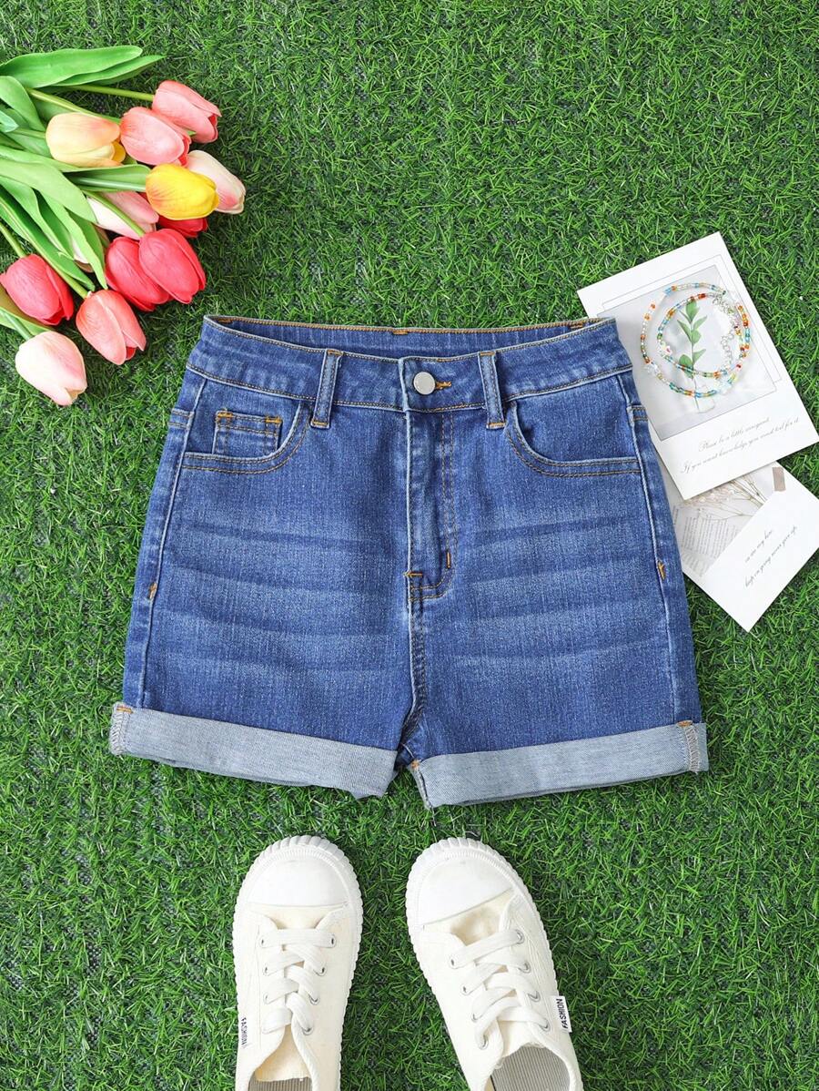 SHEIN Tween Girls Summer Festival Rainbow Print Blue Denim Elastic Skinny Denim Jeans Shorts With Rolled Hem,Tween Girl Summer Casual Shorts Outfits,Girls Beach Boho Vacation Rave Concert Festival Outfits - Light Wash - View 1