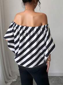 Rafferiza 优雅露肩条纹宽松衬衫，夏季 - 黑與白 - 查看 2