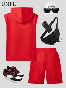 SHEIN Conjunto informal de niño preadolescente con sudadera con capucha, chaleco y pantalones cortos con estampado de letras, adecuado para deportes, reuniones, escuela y compras